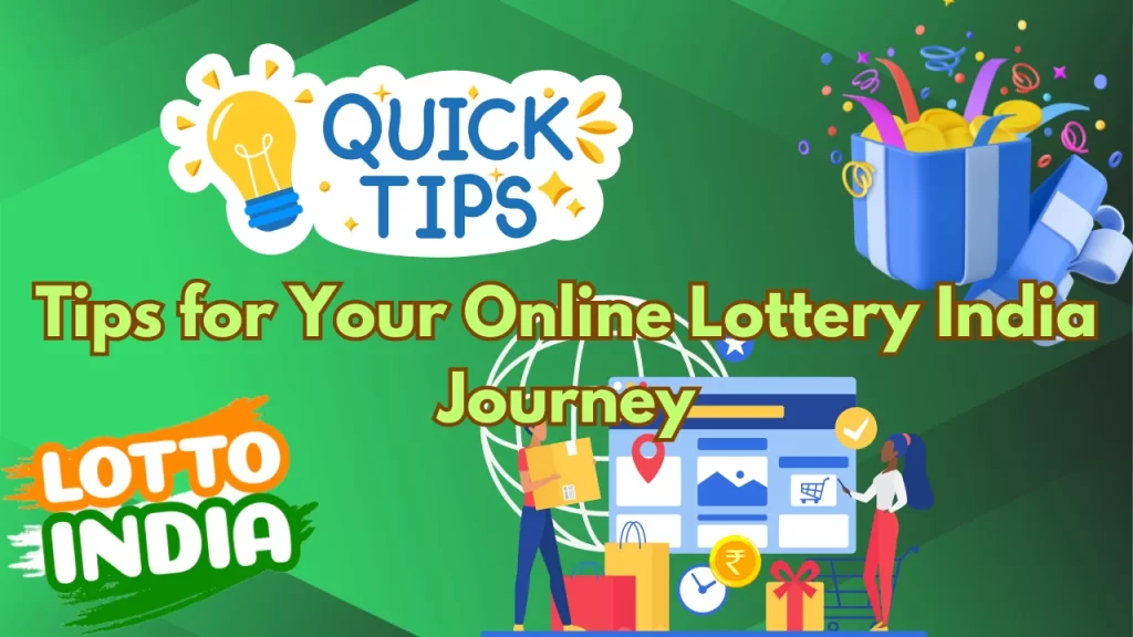 Promotional image for Lotto India with the tagline 'tips for your online lottery journey' featuring lottery icons, a prize wheel, and people shopping online